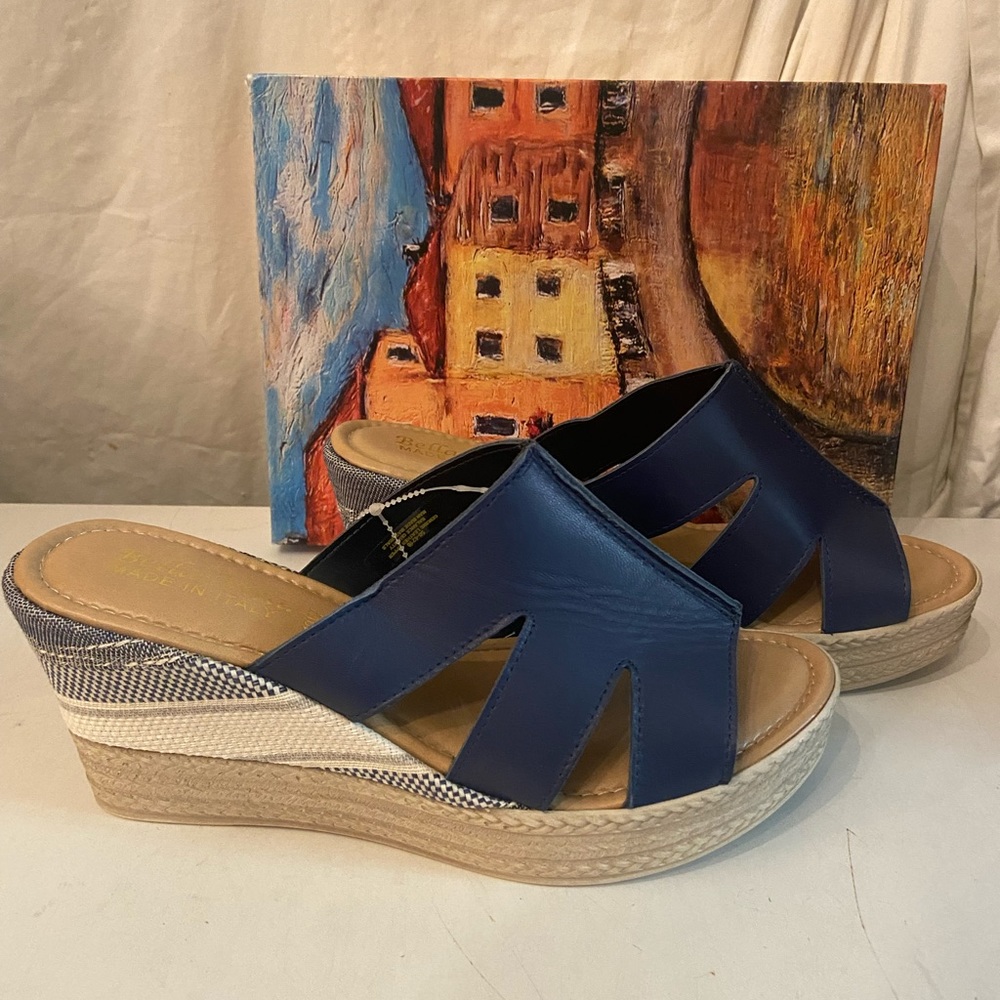 Bella Vita navy Italian Leather wedge 3” heel sandals size 10W NIB